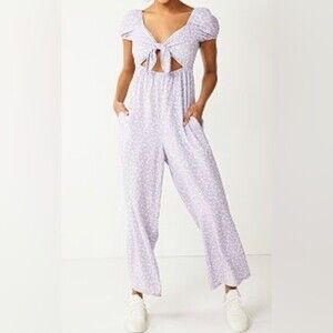 Juniors' Rewind Purple Floral Cutout Tie Front Jumpsuit XXL 2X Wide Leg Plus